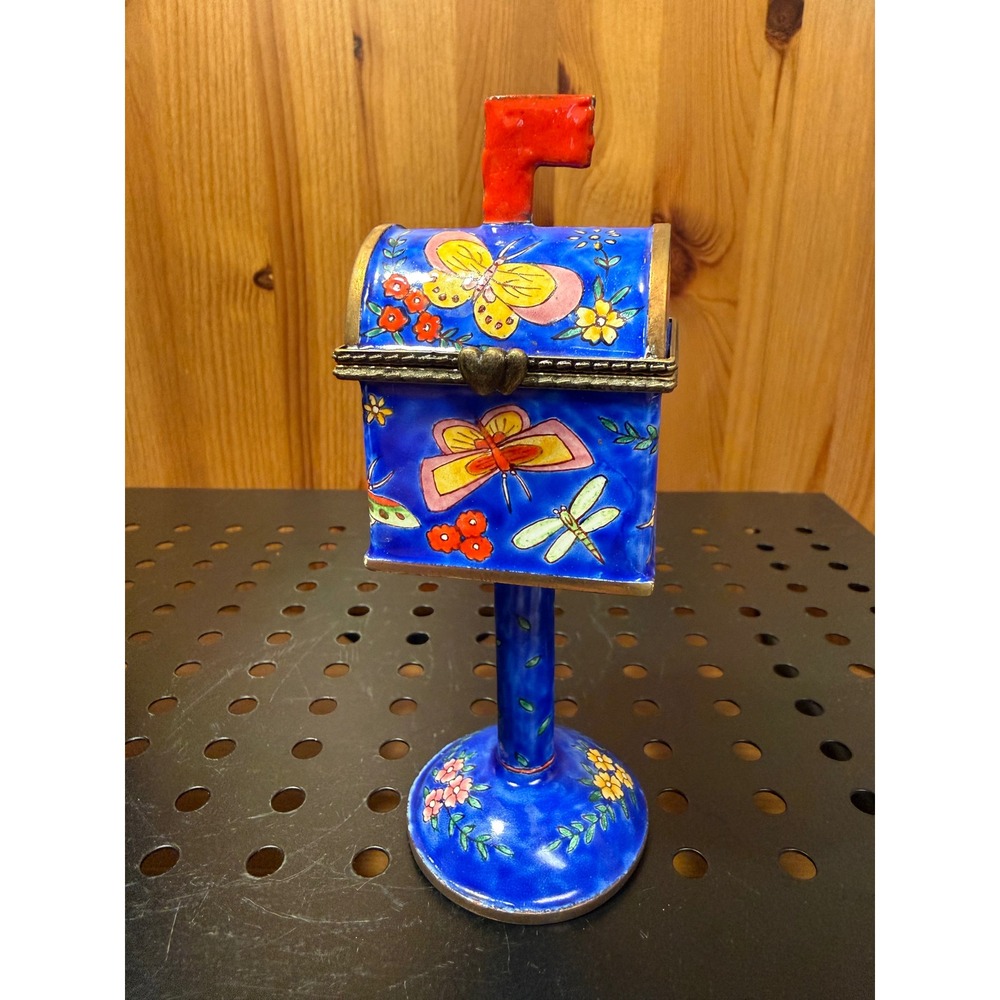 Empress Arts 2002 Enamel Mailbox Trinket Box Butterfly Floral 5.5" Stand - Picture 1 of 7